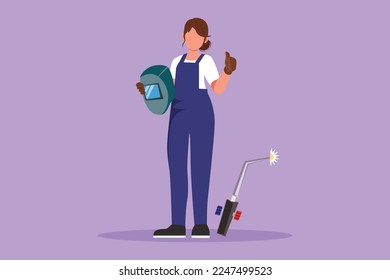 Cartoon flat style drawing female welder standing with thumbs up gesture and holding face shield ready to work in iron workshop. Manufacturing worker with metalwork. Graphic design vector illustration