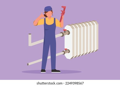 Cartoon flat style drawing of female plumber standing with call me gesture and holding carpentry tool ready to work fixing broken plumbing at home. Success business. Graphic design vector illustration