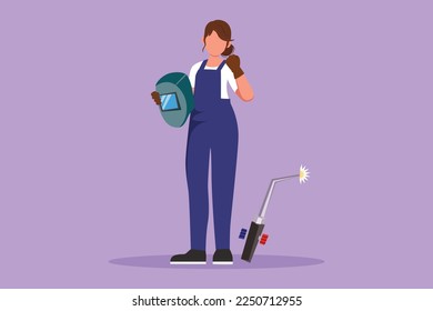 Cartoon flat style drawing female welder standing with celebrate gesture and holding face shield ready to work in iron workshop. Manufacturing worker with metalwork. Graphic design vector illustration