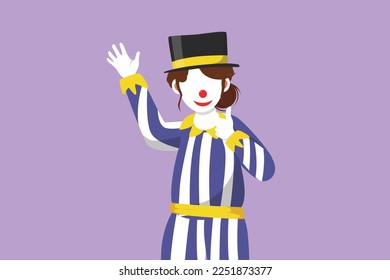 Cartoon flat style drawing female clown hand say hi and the other hand with thumbs up gesture. Wearing hat and smiling face makeup. Entertain kids at birthday party. Graphic design vector illustration