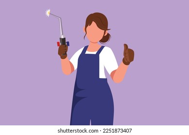 Cartoon flat style drawing female welder holding welding tool with thumb up gesture, working in construction of building forming steel frame that is melted by fire. Graphic design vector illustration