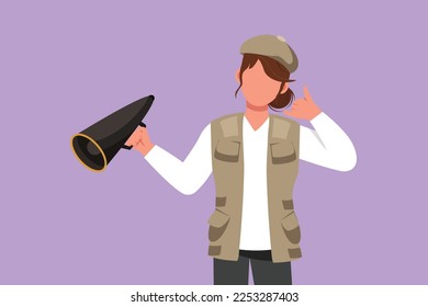 Cartoon flat style drawing female film director holding megaphone with call me gesture, wearing vest, cap while set film crew for shooting romance movie in studio. Graphic design vector illustration