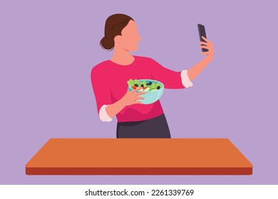 Cartoon flat style drawing female taking selfie or making video call using smartphone while platting fresh salad. Young woman cooking healthy food or nutrition meal. Graphic design vector illustration