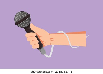 Cartoon flat style drawing of female hand with microphone isolated on blue background. Reporter television tv news holding microphone in her hand. Journalist on job. Graphic design vector illustration