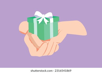 Cartoon flat style drawing female hands holding beautiful small gift wrapped with white ribbon. Romantic surprise. Birthday presents cardboard box with ribbon logo. Graphic design vector illustration