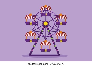 Cartoon flat style drawing ferris wheel in amusement park, circular circle turning high in sky. Fun play at public funfair festival. Playground that children like. Graphic design vector illustration