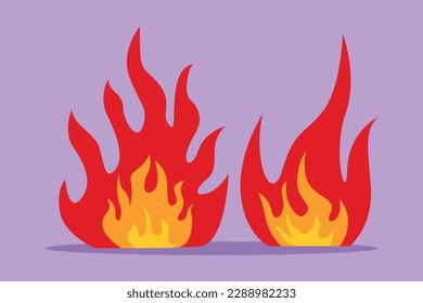 Cartoon flat style drawing fire, flame. Red flame in abstract style on blue background. Flat fire. Modern art isolated graphic. Fire sign, icon, logo, label, symbol. Graphic design vector illustration