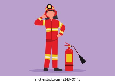 Cartoon flat style drawing firefighters standing with fire extinguisher wearing helmet and uniform with call me gesture. Working to extinguish fire in burn building. Graphic design vector illustration