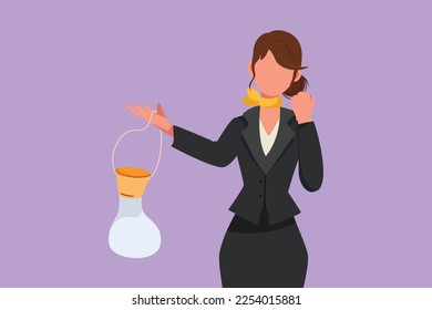 Cartoon flat style drawing of flight attendant holding air mask with celebrate gesture demonstrate emergency situation in cabin plane. Serve passengers in airplane. Graphic design vector illustration