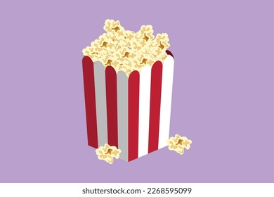 Cartoon flat style drawing fresh salty pop corn with stripped pattern paper bucket. Snack for watching movies concept. Logo for cafe, shop or food delivery service. Graphic design vector illustration