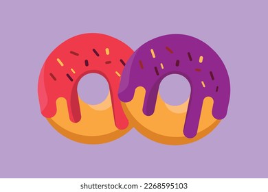 Cartoon flat style drawing fresh sweet donuts store logo. Doughnut fast food menu and restaurant badge for cafe, shop or food delivery service. Delicious breakfast. Graphic design vector illustration