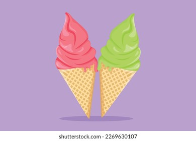 Cartoon flat style drawing fresh ice cream cone store logo. Icecream dessert cafe menu and restaurant badge concept, street food logotype for food delivery service. Graphic design vector illustration