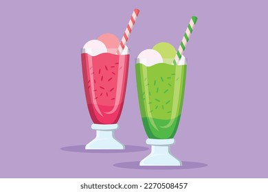 Cartoon flat style drawing fresh sweet milkshake with wafer stick logo symbol. Drink shop cafe menu and restaurant badge. Healthy drink cafe shop logotype template. Graphic design vector illustration