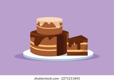 Cartoon flat style drawing fresh delicious birthday with sliced cut chocolate cake tart art. Sweet decorative pastry concept for cafe or food delivery service icon. Graphic design vector illustration