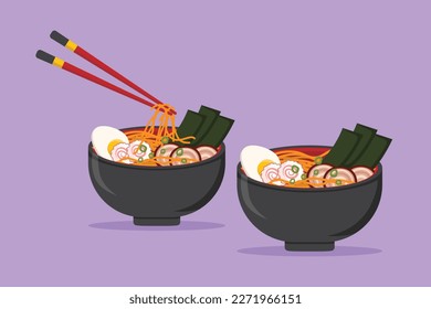 Cartoon flat style drawing fresh delicious Japanese ramen restaurant logo emblem. Fast food Japan noodle cafe shop icon template concept for food delivery service. Graphic design vector illustration