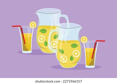 Cartoon flat style drawing fresh lemonade ice on jar glass with sliced lemon logo, label, symbol. Cafe menu and restaurant badge for shop or food delivery service. Graphic design vector illustration