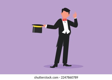 Cartoon flat style drawing funny male magician standing in suit with okay gesture and holding his hat magic and wand performing tricks at circus show entertainment. Graphic design vector illustration