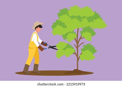Cartoon flat style drawing gardener trims plant in garden, man cutting tree in park. Pruning shears for cutting foliage, worker shaping garden, planting and growing. Graphic design vector illustration