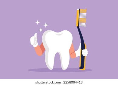 Cartoon flat style drawing giant tooth is holding toothbrush and one of his hands is doing thumbs up gesture. Symbol for medical dental clinic or oral health care. Graphic design vector illustration