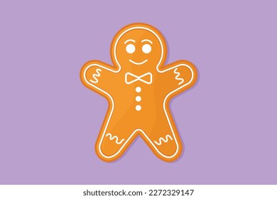 Cartoon flat style drawing gingerbread man icing. Cookie in shape of man. Icon for winter holiday, cooking, new years eve. Snack menu label, flyer, sticker, symbol. Graphic design vector illustration