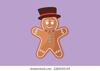 Cartoon flat style drawing gingerbread man icing. Cookie in shape of man. Icon for winter holiday, cooking, new years eve. Snack menu label, flyer, sticker, symbol. Graphic design vector illustration