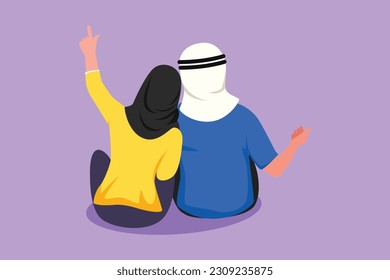 Cartoon flat style drawing girl in love sit lay shoulder her boyfriend   looking at moon   stars  Happy Arab man   woman enjoying romantic night together  Graphic design vector illustration