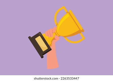 Cartoon flat style drawing gold trophy held by one hand. Athlete hand lifting victory trophy. Winning championships, matches, sports competitions. Best achievement. Graphic design vector illustration