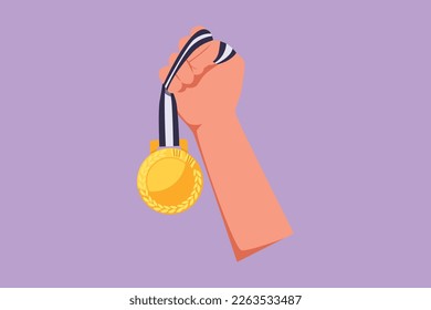 Cartoon flat style drawing of gold medal held by one hand. Athlete hand lifting victory medal. Winning championships, matches, sports competitions. Best achievement. Graphic design vector illustration