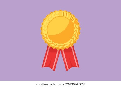 Cartoon flat style drawing gold medal or winner award icon, logo. Circle awards with ribbons. Achievement symbol from competition, tournament, league, performance. Graphic design vector illustration