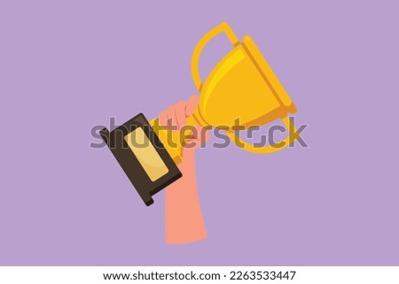 Cartoon flat style drawing gold trophy held by one hand. Athlete hand lifting victory trophy. Winning championships, matches, sports competitions. Best achievement. Graphic design vector illustration