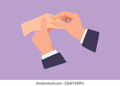 Cartoon flat style drawing groom putting ring on bride finger during wedding ceremony. Bride and groom make vow of loyalty on wedding day. Happy couple on marriage. Graphic design vector illustration