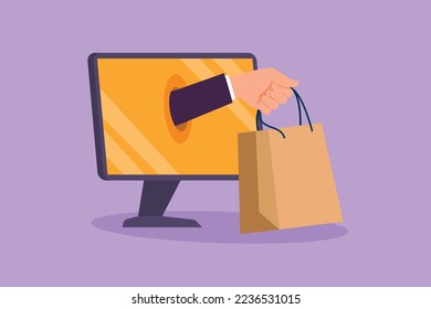 Cartoon flat style drawing hand out of monitor screen holding shopping bag. Sale, digital lifestyle with internet and gadget concept. Online store technology. Graphic draw design vector illustration