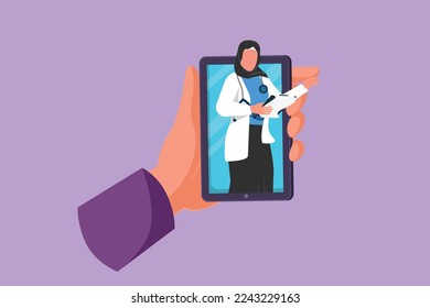 Cartoon flat style drawing hand holding smartphone and there is Arabian female doctor coming out of smartphone screen holding clipboard. Online digital consultation. Graphic design vector illustration