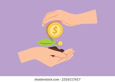 Dibujo de estilo plano de la mano sosteniendo el árbol de dinero en el logotipo del campo de la naturaleza, icono, etiqueta, símbolo. Árbol de dinero en crecimiento. Concepto de ahorro e inversión de dinero de retorno. Ilustración vectorial de diseño gráfico