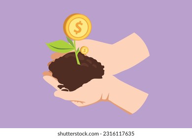 Cartoon flat style drawing hand holding sprout a money tree in nature green forest. Businessman hand hold growing money tree. Investment concept for better future. Graphic design vector illustration