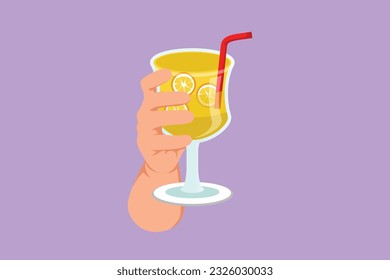 Cartoon flat style drawing hand holding glass with lemonade fruit juice. Drink made of fresh lemon juice. Juicy water with straw. Relaxing time at home with family. Graphic design vector illustration