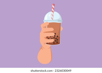 Cartoon flat style drawing hand holding plastic cup of famous Taiwanese bubble tea logo, symbol. Brown sugar flavor tapioca pearl bubble milk tea with glass straw. Graphic design vector illustration