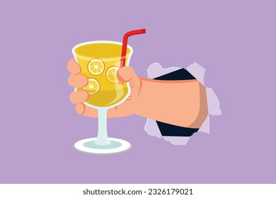 Cartoon flat style drawing hand holding glass with lemonade fruit juice through torn blue paper. Drink made of fresh lemon juice. Juicy orange water. Relaxing time. Graphic design vector illustration