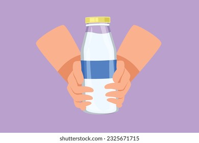 Caricatura de estilo plano las manos dibujantes de la mujer sostienen una botella de vidrio de leche sin lactosa a base de plantas, tiene una nutrición saludable. Bebida alternativa no lechera. Logo de leche fresca. Ilustración vectorial de diseño gráfico