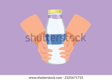 Cartoon flat style drawing hands of woman hold glass bottle of plant based lactose free milk, has healthy nutrition. Non dairy alternative beverage. Fresh milk logo. Graphic design vector illustration