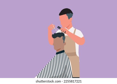 Cartoon flat style drawing handsome bearded man is looking forward while having his hair cut by hairdresser at barbershop. Grooming of real man. Successful business. Graphic design vector illustration