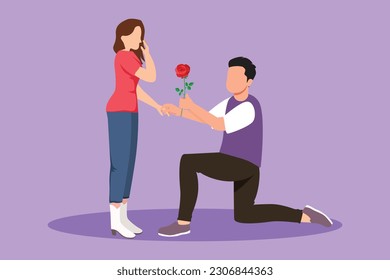 Cartoon flat style drawing handsome man on knee gives flowers to beauty woman. Young guy giving to girl rose flower for propose her. Happy romantic couple in love. Graphic design vector illustration