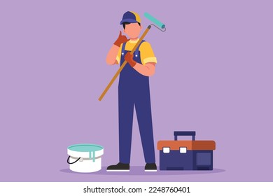 Cartoon flach gezeichnet Handyman stehen und halten lange Rollen Malpinsel mit nennen mich Geste und Werkzeugkasten. Bereit für den Service zu Hause, Wohnungsrenovierung Dekoration. Grafikdesign, Vektorgrafik