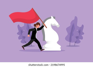 Cartoon flat style drawing happy businesswoman running and holding flag beside big horse knight chess. Business achievement goal, win competition. Metaphor concept. Graphic design vector illustration