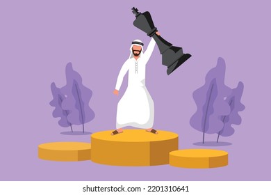 Cartoon flat style drawing happy Arab businessman holding, lifting king chess piece. Successful entrepreneurship strategy, superiority in business. Win competition. Graphic design vector illustration