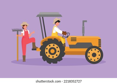 Cartoon flat style drawing happy couple farmers with tractor. Man drive tractor to plow the fields. Woman holding rake. Successful farming challenge at countryside. Graphic design vector illustration