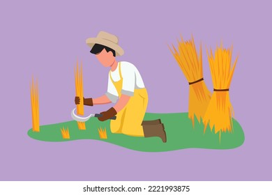 Cartoon flat style drawing happy male farmer harvesting rice and there is also rice that has been tied up. Harvest season in rural rice fields. Successful farming. Graphic design vector illustration