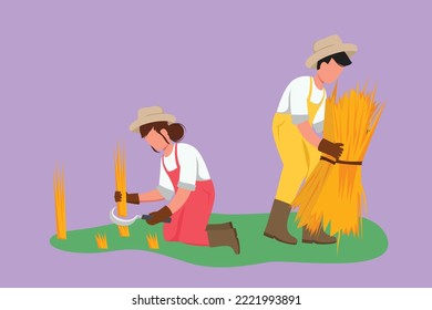 Cartoon flat style drawing happy couple farmers harvesting rice and there is also rice that has been tied up. Harvest season in rural rice fields. Success farming. Graphic design vector illustration