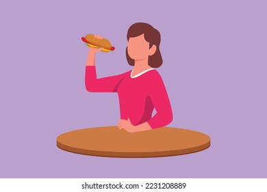 Cartoon flat style drawing of happy beautiful woman eating hotdog sandwich. Tasty street fast food. For cafe, eatery, ads. Unhealthy snack meal. Office lunch break. Graphic design vector illustration