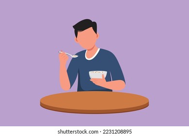 Cartoon flat style drawing happy man having breakfast with cereal and milk. Young male sitting at table and eat with delicious dish. Healthy nutrition food concept. Graphic design vector illustration